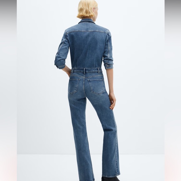 Mango Soft Denim Jumpsuit in Blue Cotton Long Sleeve Buttons - Picture 3 of 6
